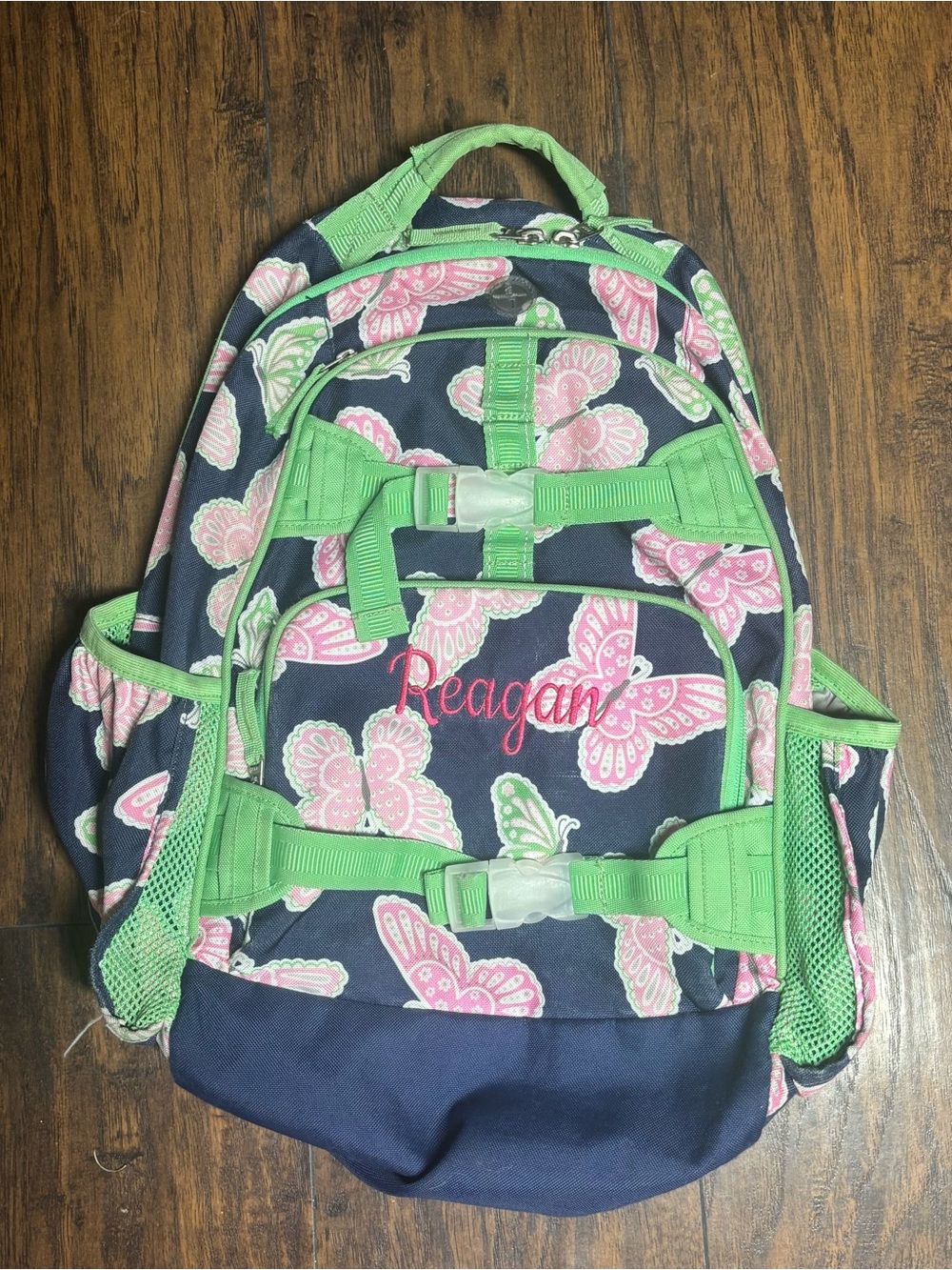 Pottery Barn Large “Reagan” Navy Backpack with Pink Butterflies & Green Trim